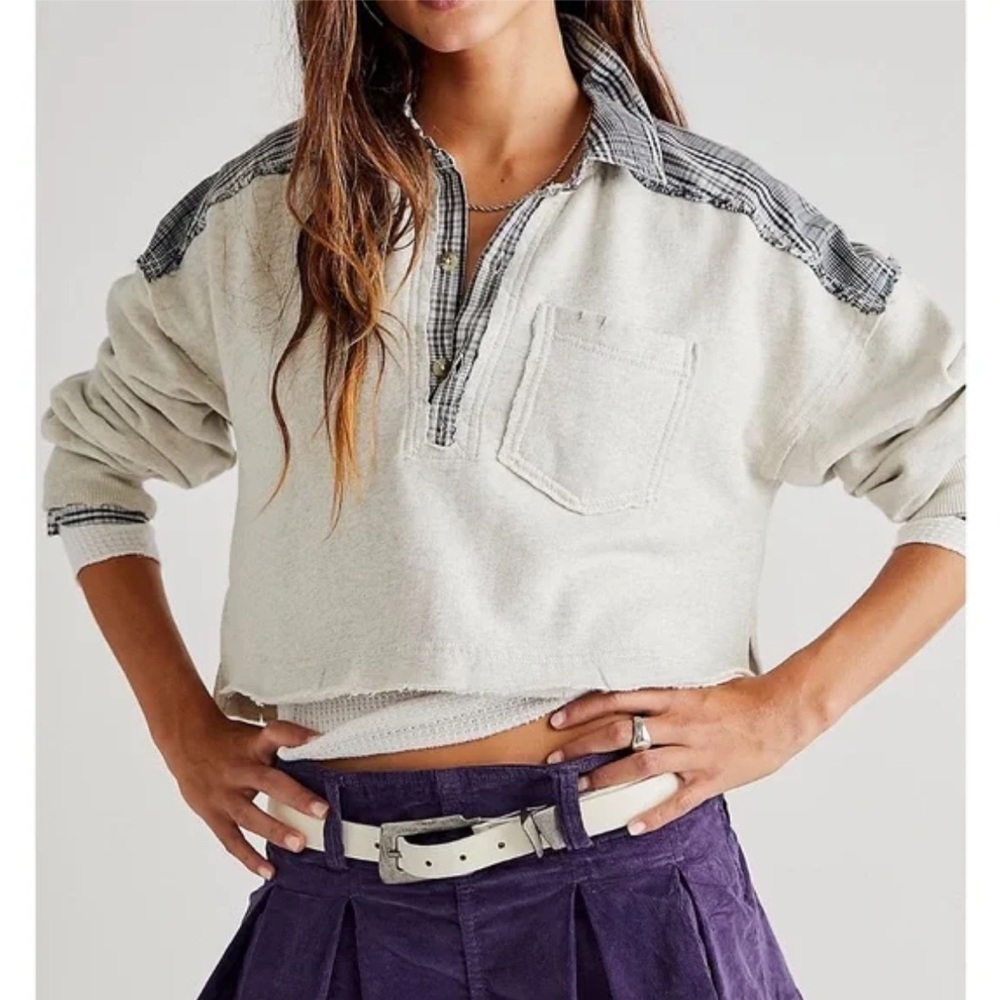 Free People Prep School Gray Plaid Cropped Sweatshirt Size Small